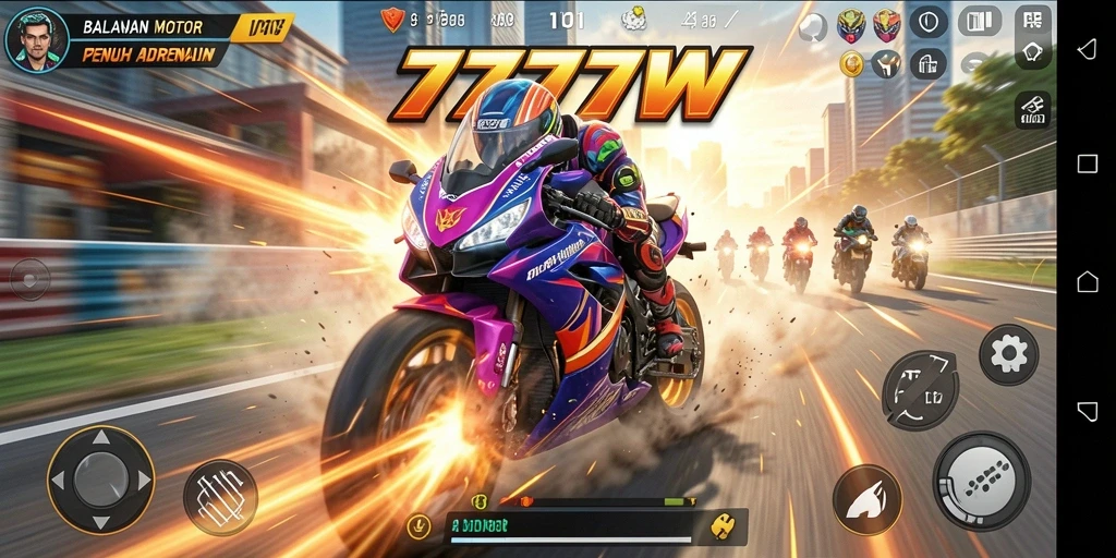 Gameplay seru dalam balapan motor 7777W yang penuh aksi.