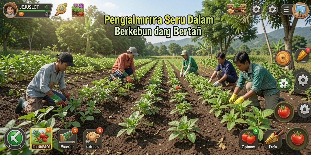Screenshot gameplay menunjukkan kebun yang indah dan tanaman yang berkembang.