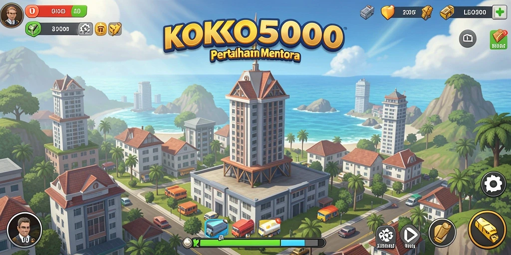 Screenshot gameplay KOKO5000 yang menunjukkan menara dan musuh yang beragam.