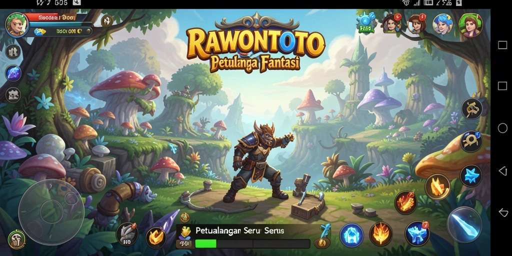 Tampilan gameplay seru di RAWONTOTO dengan pemandangan fantasi.